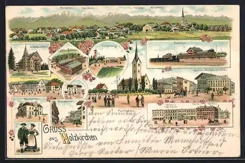 Lithographie Holzkirchen / Obb., Bahnhof, Gasthaus zum bayrischen Löwen, Dampfsäge, Liebespaar in Tracht