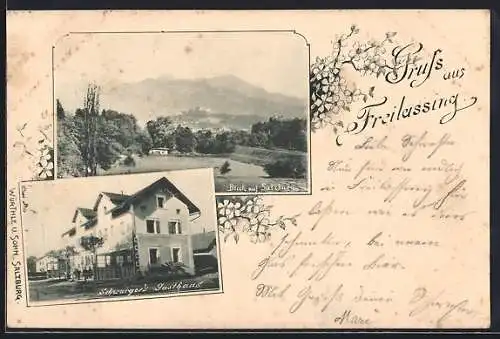 AK Freilassing, Schwaiger`s Gasthaus, Blick auf Salzburg