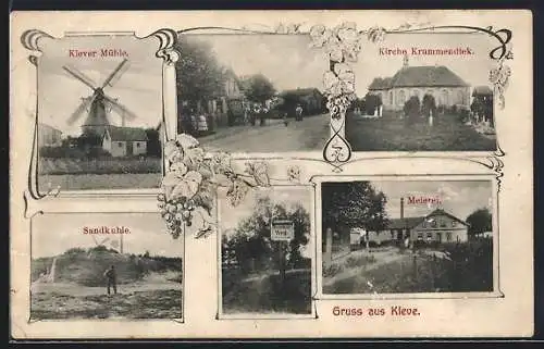 AK Kleve / Holstein, Meierei, Kirche Krummendiek, Windmühle und Sandkuhle