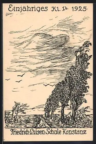 Künstler-AK Konstanz, Einjähriges Kl. Ib. der Friedrich-Luisenschule 1925, Feldweg mit Vögeln, Absolvia