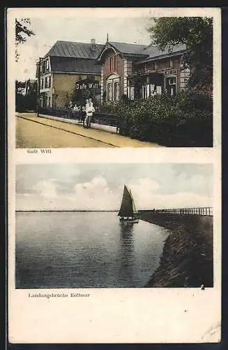 AK Kollmar, Café Witt, Landungsbrücke mit Segelboot