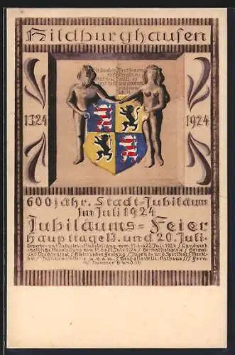 Künstler-AK Hildburghausen, Festpostkarte zum 600 jähr. Stadtjubiläum 1324-1924, nackte Figuren an einem Wappen