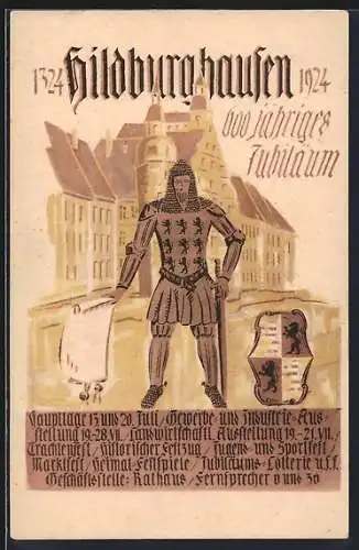 Künstler-AK Hildburghausen, 600 jähriges Stadtjubiläum 1924, Ritter mit Gründungsurkunde