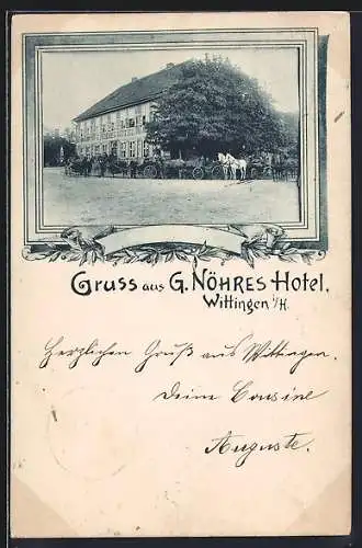 AK Wittingen i. H., G. Nöhres Hotel mit Kutschen