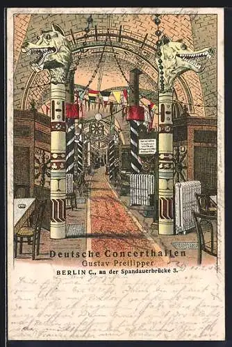 Lithographie Berlin, Deutsche Konzerthallen von Gustav Preilipper an der Spandauerbrücke 3