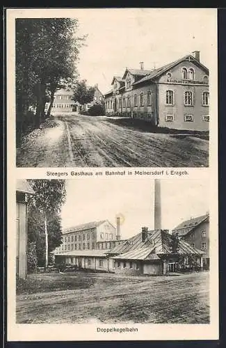 AK Meinersdorf i. Erzgeb., Steegers Gasthaus am Bahnhof, Doppelkegelbahn