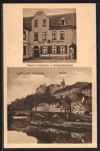 AK Weilburg, Gasthaus Moser`s Weinstube, Markt 10, Blick zum Schloss