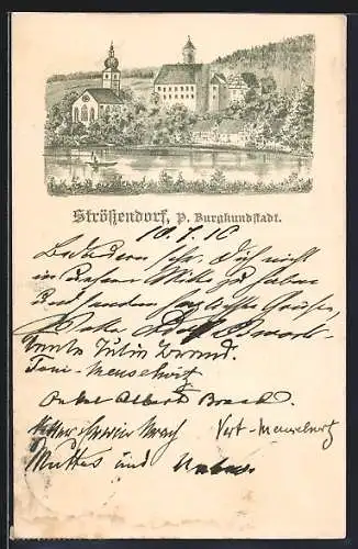 Lithographie Strössendorf /Burgkundstadt, Ortspartie am Ufer