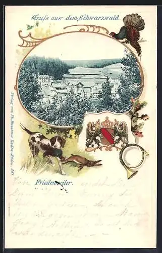 Passepartout-Lithographie Friedenweiler /Schwarzwald, Totalansicht, Jagdhund und Wappen