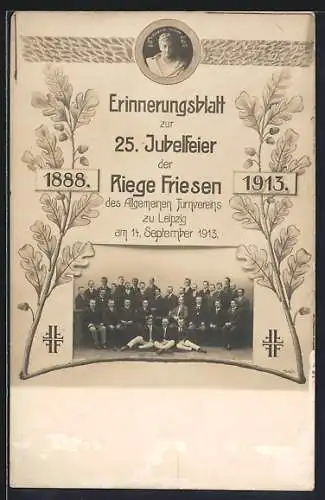 AK Leipzig, 25. Jubelfeier der Riede Friesen d. Allgemeinen Turnvereins 1913, Gruppenfoto im Passepartout