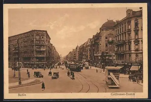 AK Berlin, Strassenbahn und Busse am Cottbusser-Damm