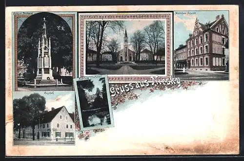 Lithographie Niesky, Gasthof, Mädchen-Anstalt, Krieger-Denkmal und Schloss Ullersdorf