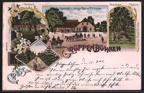 Lithographie Grüppenbühren, Gasthaus zum schwarzen Ross von C. H. Schröder, Dicke Eiche Hasbruch