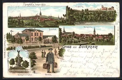 Lithographie Bockenem, Bahnhof, Tilsburg, Kriegerdenkmal und historische Ortsansicht, Christian