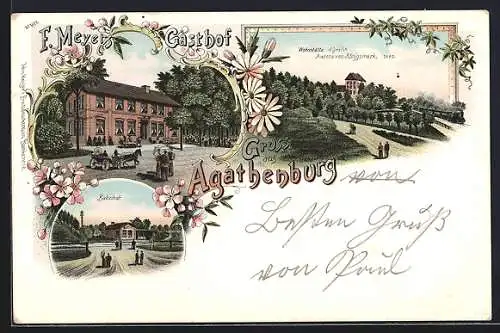 Lithographie Agathenburg, F. Meyers Gasthof, Bahnhof, Wohnstätte der Gräfin Aurora von Königsmark