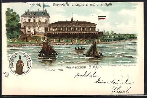 Lithographie Büsum, Strnadhotel und Strandhalle von Heinrich Burmeister, Damenbad und Hauptpromenade