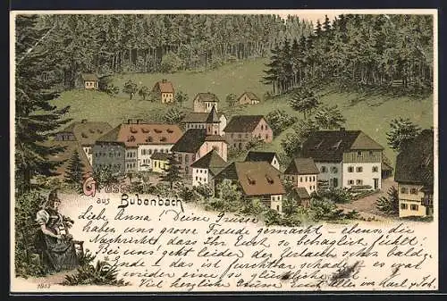 Lithographie Bubenbach, Ortsansicht aus der Vogelschau, Trachtenbild