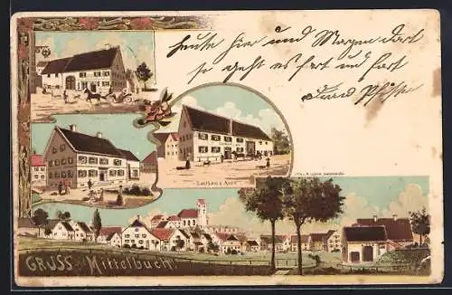 Lithographie Mittelbuch, Gasthaus zur Rose, Strassenpartien und Ortspanorama