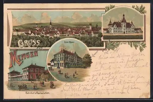 Lithographie Mengen / Württ., Bahnhof und Restaurant, Hotel Baier, Totalansicht