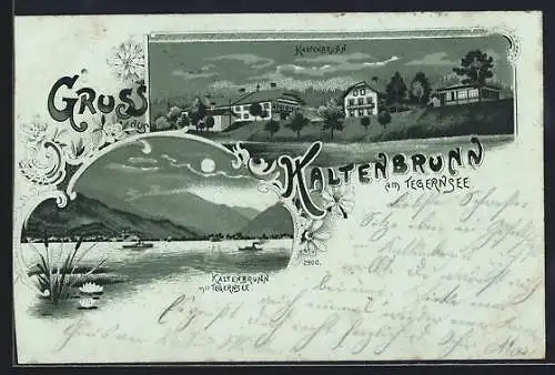 Mondschein-Lithographie Kaltenbrunn am Tegernsee, Ortspartie und Panorama im Vollmondlicht