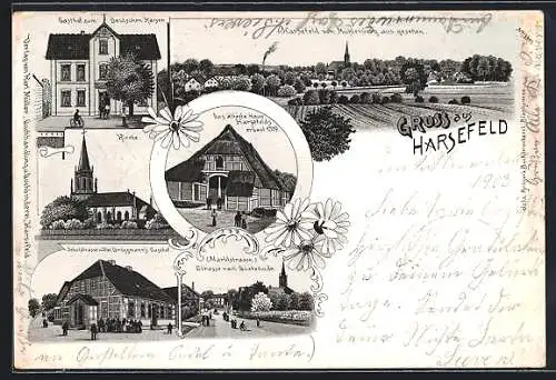 Lithographie Harsefeld, Gasthof zum Deutschen Kaiser, Schulstrasse u. Ww. Brüggmanns Gasthof, Marktstrasse