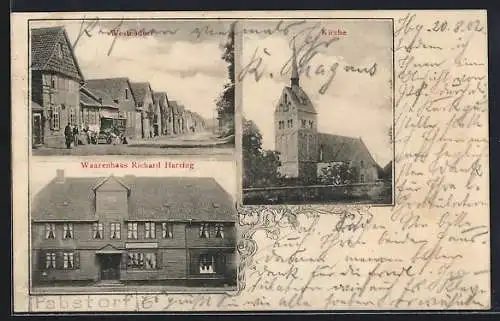 AK Westendorf / Huy-Pabstorf, Warenhaus von Richard Harring, Strassenpartie, Kirche