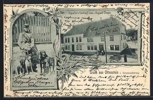 AK Ottenstein i. Braunschweig, Gasthaus von August Trope, Mann mit vier Hunden