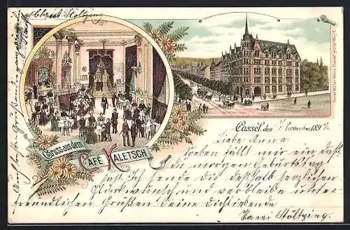 Lithographie Kassel, Cafe Kaletsch, Aussen- u. Innenansicht, Pferdebahn