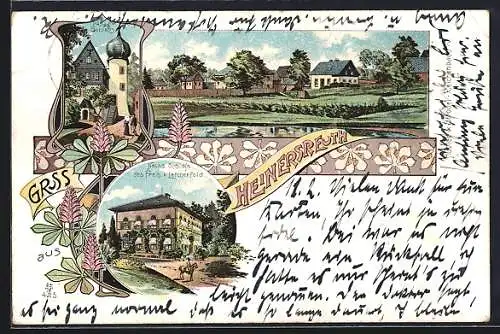 Lithographie Heinersreuth / Frankenwald, Neues Schloss des Freih. v. Lerchenfeld, altes Schloss, Ortsansicht