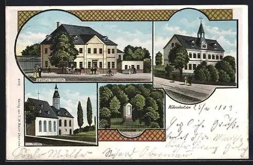 Lithographie Röhrsdorf / Chemnitz, Gasthof Wildpark, Kirche, Schule