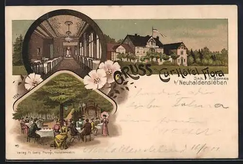 Lithographie Papenberg b. Neuhaldensleben, Cur-Hotel Flora von innen und aussen