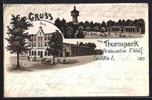 Lithographie Salbke, Thurmpark Restaurant F. Wolf