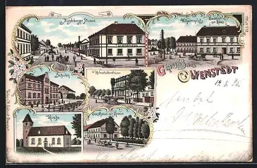 Lithographie Olvenstedt, Gasthaus zur Krone, Gasthof zum Ross, Magdeburger Strasse