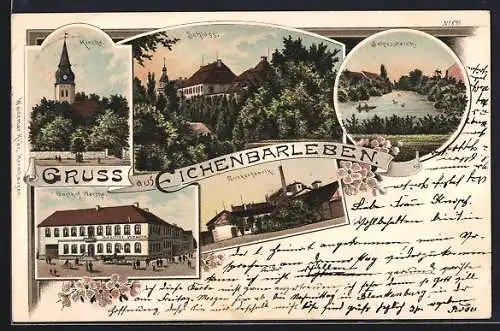 Lithographie Eichenbarleben, Gasthof Wesche, Zuckerfabrik, Schloss mit Teich