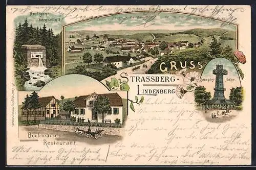 Lithographie Strassberg-Lindenberg, Buchmann`s Restaurant, Heiligenbergsquell, Josephs-Höhe