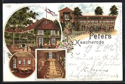 Lithographie Mascherode, Restaurant Peters, Innen- und Aussenansichten