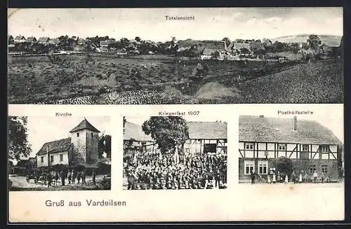 AK Vardeilsen, Kriegerfest 1907, Posthülfsstelle, Kirche, Totalansicht