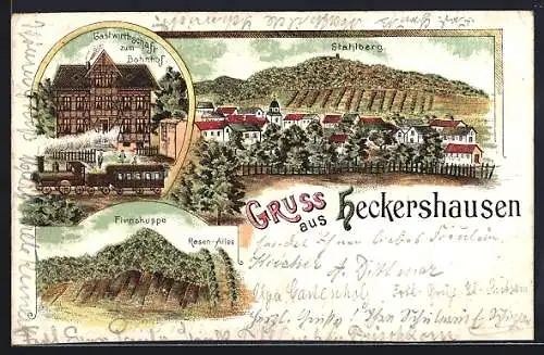 Lithographie Heckershausen, Gasthaus zum Bahnhof, Ortsansicht mit Stahlberg, Firnskuppe