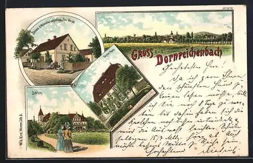 Lithographie Dornreichenbach, Bäckerei und Handlung Emil Weiske, Försters Haus, Schloss