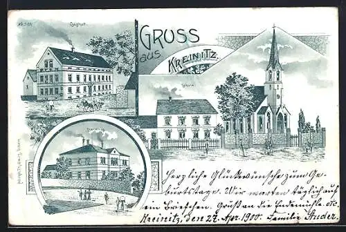 Lithographie Kreinitz, Gasthof, Pfarrhaus, Kirche und Schule