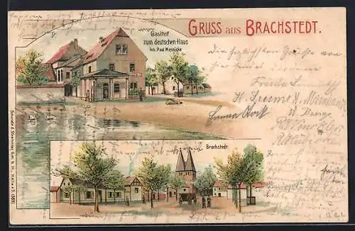 Lithographie Brachstedt, Gasthof zum deutschen Haus, Strassenpartie im Ort