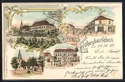 Lithographie Eichenbarleben, Gasthof zur Post, Handlung von H. Pfeffer