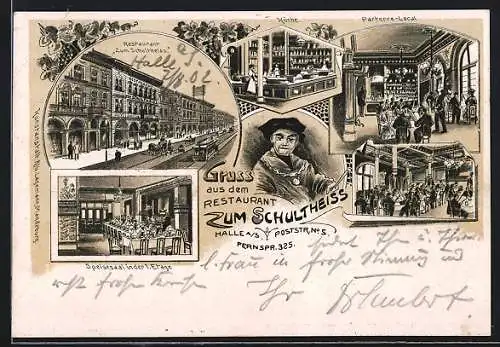 Lithographie Halle a. S., Restaurant zum Schultheiss, Poststrasse 5, Innen- und Aussenansichten