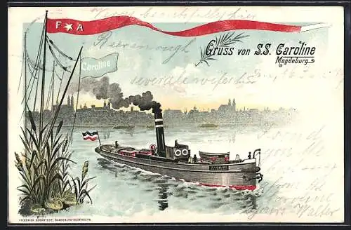 Lithographie Magdeburg, Elbdampfer SS Caroline vor der Silhouette der Stadt