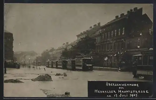 AK Hernals, Strassenbahn auf der überschwemmten Hernalser Hauptstrasse am 17.07.1907