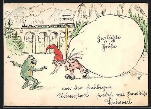 Künstler-AK Handgemalt sign. Anton Suchomel: Zwerg mit schwerem Sack bekommt vom Frosch die Richtung gewiesen