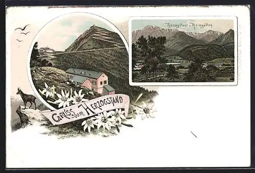 Lithographie Herzogstand-Berghütte, Blick auf Herzogstand und Heimgarten