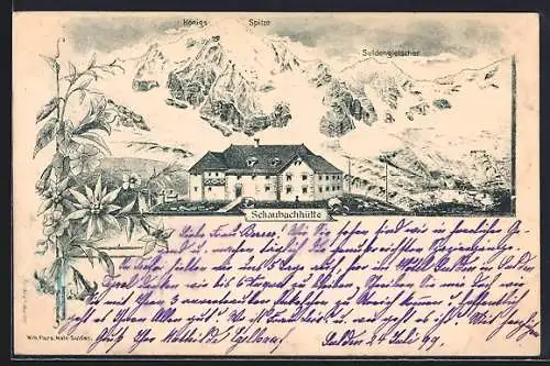 Lithographie Schaubachhütte, Blick gegen Königsspitze und Suldengletscher