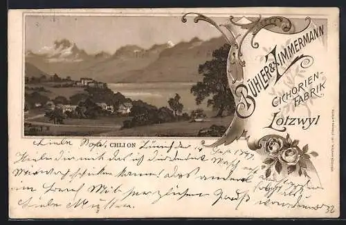 Lithographie Lotzwyl, Panorama mit den Bergen, Reklame Bühler& Zimmermann Cichorienfabrik