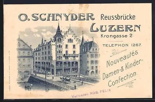 Lithographie Luzern, Reussbrücke, O. Schnyder`s Damen und Kinder-Confection